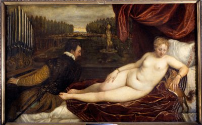 Konserten Un woman nude lie en pres un homme som spelar orgel. Målning av Tiziano Vecellio kallad Tizianen (1485-1576) av Tiziano Vecelli