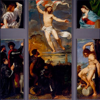 Uppståndelsen "" Jungfrun"" "" Saint Sebastian""" och sponsorerna. Paneler av Averoldi polyptyk. Målning på trä av Tiziano Vecellio kallad Titian (ca 1490-1576) 1500-talets Brescia, kyrkan av heliga Nazzaro och Celso av Titian (c.1488 1576)