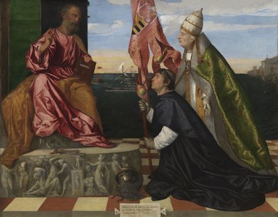 Holländska: Jacopo Pesaro, biskop av Paphos, presenteras av påven Alexander VI Borgia till Sankt Peter Jacopo Pesaro, biskop av Paphos, presenteras av påven Alexander VI till Sankt Peter av Titian