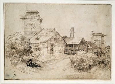 Landskap med byggnader och älskare, omfamnande, efter Tizian (penna och brunt bläck på papper) av Tiziano Vecelli (follower) Titian