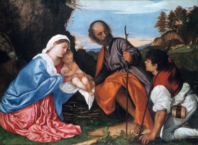 Den heliga familjen med en herde, c1510 av Tiziano Vecelli