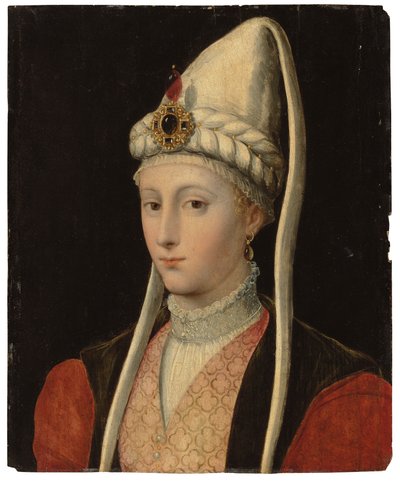 Porträtt av en kvinna, möjligen Haseki Hürrem Sultan, kallad Roxelana, bystlängd, i osmansk kostym, med en huvudbonad med juveler av Tiziano Vecelli