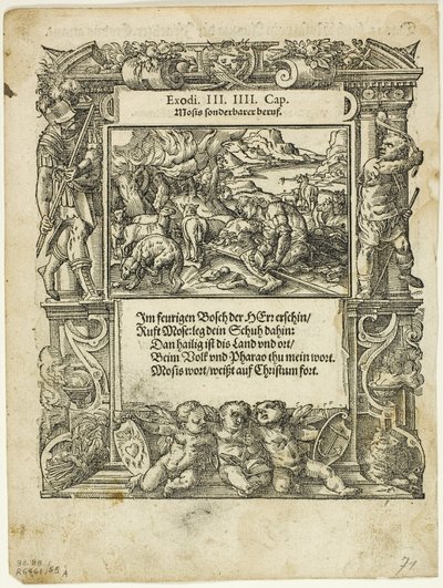 Moses and the Burning Bush (recto) och The Infant Moses Put into the River (verso) från Neue künstliche Figuren biblischer Historien, plåt 55 från Woodcuts from Books of the XVI Century av Tobias Stimmer