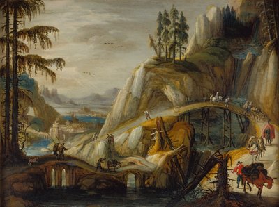 アルプスの風景の旅人（パネルに油彩）スウェーデン語 av Tobias Verhaecht