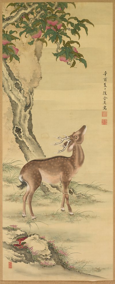 Symboler för livslängd: Deer under Peach and Pine Pine höger, 1801. av Toda Tadanaka