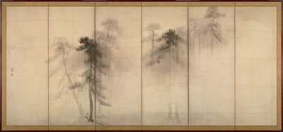 Pine Trees Till vänster om ett par sexsektionerade vikskärmar, 1500-tal av Hasegawa Tohaku