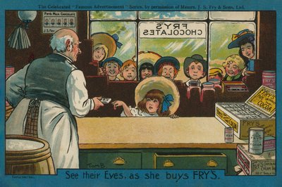 Flicka köper choklad i en butik (färglitografi) av Tom Browne