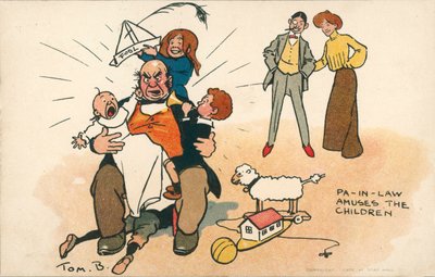 Farfar tar hand om barnen (färglitografi) av Tom Browne