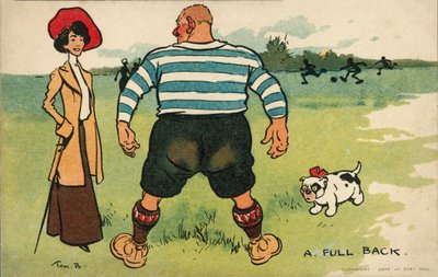 Stor fotbollsspelare med en kvinna som går ut med sin hund (färglitografi) av Tom Browne