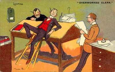 Slöande, överarbetad tjänsteman (färglitografi) av Tom Browne