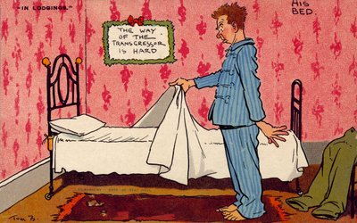 Man betraktar sin obekväma enkelsäng (färglitografi) av Tom Browne