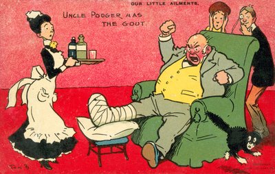 Våra små åkommor, farbror Podger har gikt (färglitografi) av Tom Browne