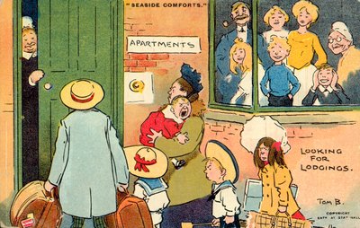 Seaside Comforts, letar efter logi (färglitografi) av Tom Browne