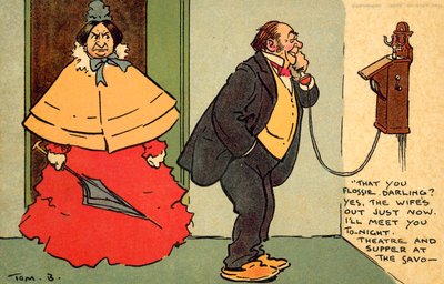 Teater och kvällsmat på Savoyen (chromolitho) av Tom Browne