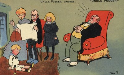 Farbror Podger snarkar (litho i färg) av Tom Browne