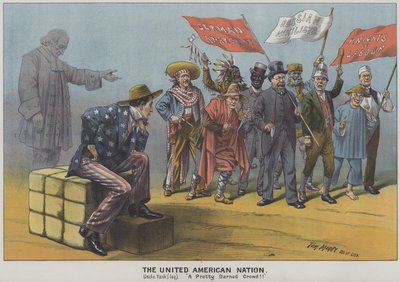 The United American Nation, satir över mångfalden av invandrare i det amerikanska 1800-talssamhället (färglitografi) av Tom Merry