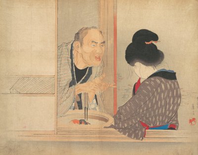 En skällande Ochiyo, illustration från Bugei Kurabu Literary Club. av Tomioka Eisen