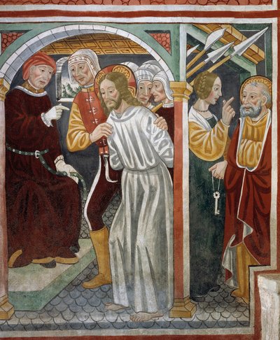 Jesus före översteprästen, Petrus och piga av Tommaso (active 1479 1509) (workshop) Cagnola