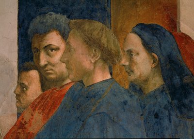 De som tittar på den mirakulösa återuppståndelsen av prefekten Teophils son är ... (fresco) av Tommaso Masaccio