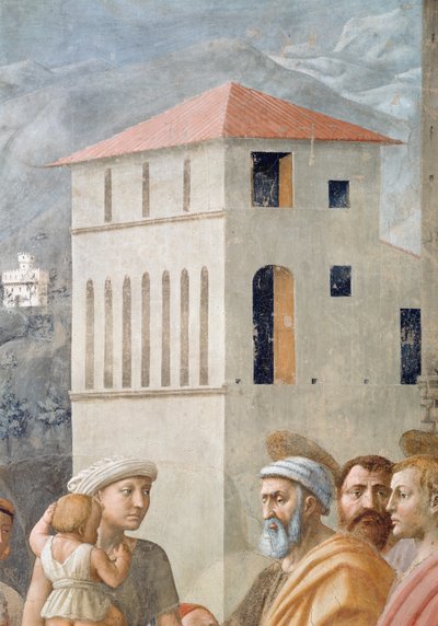 St. Peter som distribuerar kyrkans gemensamma gods och Ananias död, Detalj av bakgrundsarkitekturen, fresk ca 1427, se även 57194, 63321 & 63322 av Tommaso Masaccio