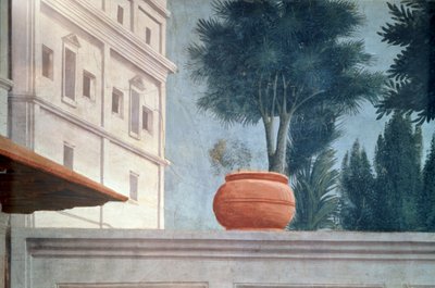The Raising of the Son of Theophilus, King of Antioch Detalj av utsikten över gårdsmuren, ca 1427 fresk se även 63302 av Tommaso Masaccio
