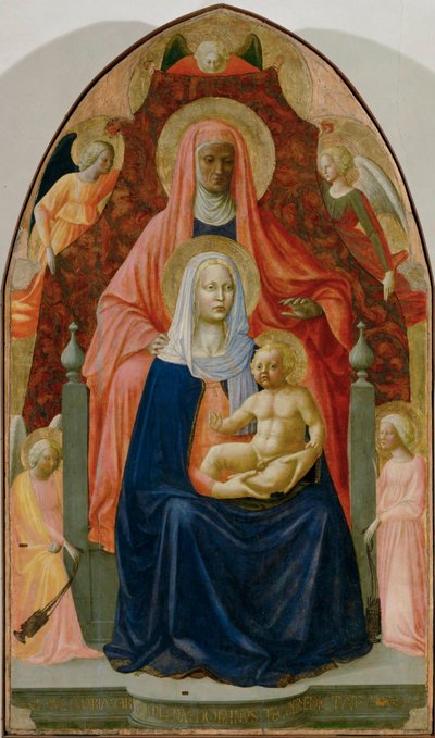 och Masolino: Sankta Anna, Jungfru Maria och Jesusbarnet, fem änglar (tempera på trä) av Tommaso Masaccio
