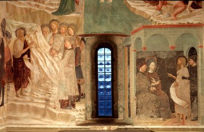 Avsnitt av Johannes Döparens liv: predikan av Johannes Döparen i öknen och Johannes Döparen står inför en Herode - av Tommaso Masolino da Panicale