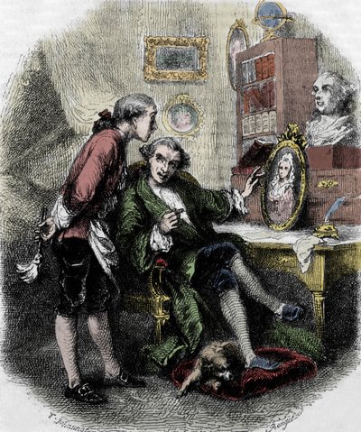 Illustration av "" Resan runt mitt rum"" (1794) av Xavier de Maistre. Illustration av Tony Johannot av Tony Johannot