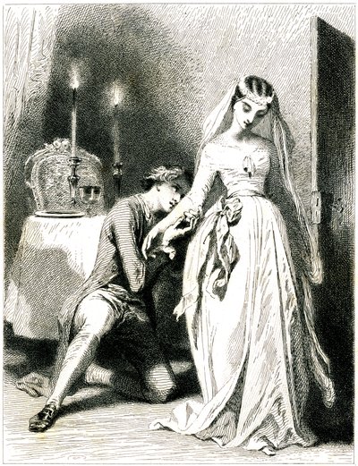 Suckande älskare knäböjer vid fötterna på sin vackra förlovning i en interiör med levande ljus - flicka i romantisk klänning och frisyr - gravyr (etsning 1845) av Tony Johannot (Antoine Johannot dit av Tony Johannot