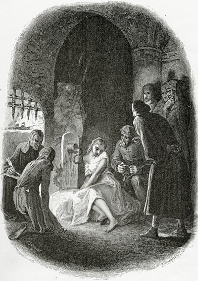 Förhöret av Esmeralda - illustration från Notre Dame de Paris, 1800-talet (bw gravyr) av Tony Johannot