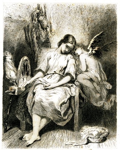 Ung kvinna (spinnare) sover vid sitt hjul - en angelot lutar sig över hennes axel - sömn - dröm - drömmeri - kärlek - gravyr (etsning 1845) av Tony Johannot (Antoine Johannot dit av Tony Johannot