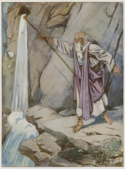 Moses slår på klippan för att få fram vatten av Tony Sarg