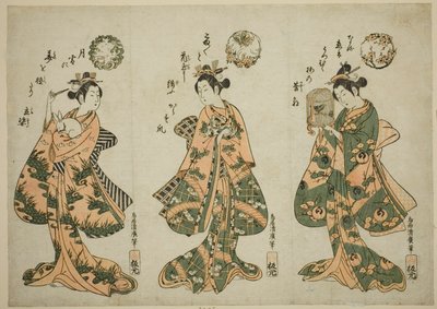 Tre unga kvinnor med husdjur av Torii Kiyohiro