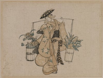 En skönhet som bär två hinkar med blommor, ca. 1696-1716. av Torii Kiyomasu