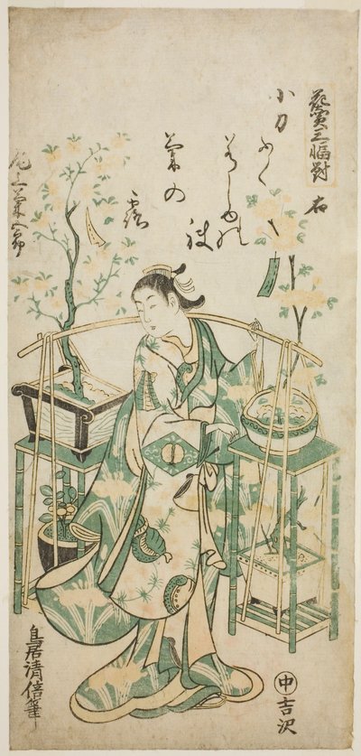 Skådespelaren Onoe Kikugoro I, högra arket i "Flower Vendor Triptych (Hanauri sanpukutsui)" av Torii Kiyomasu II