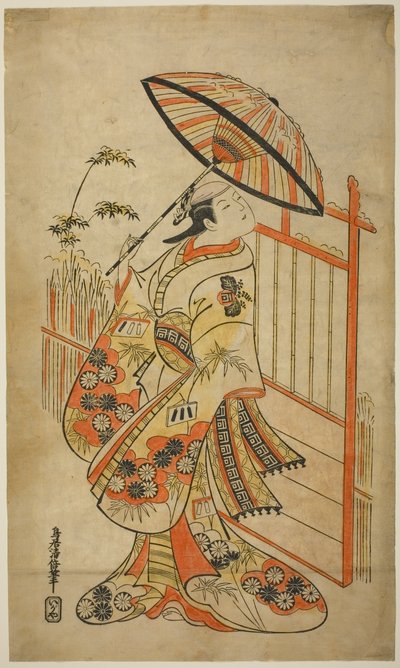 Skådespelaren Sanogawa Mangiku I som Sanada, dotter till spinnern Itoya, i pjäsen "Hiragana Yomeiri Izu Nikki", uppträdde på Nakamura Theatre i elfte månaden, 1718 av Torii Kiyomasu II