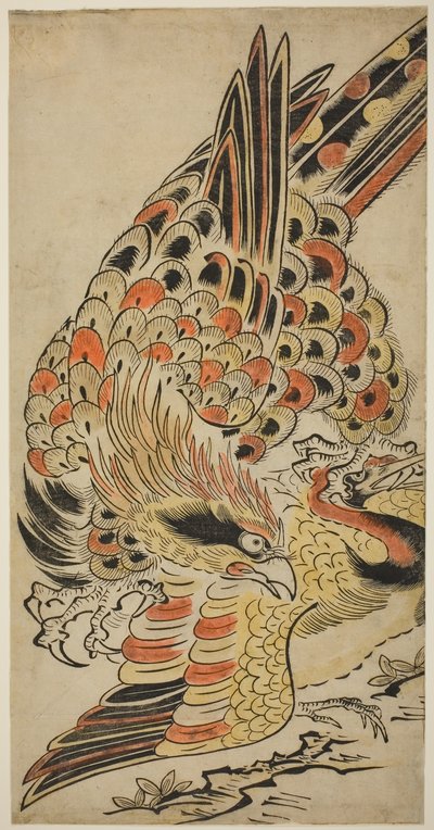 A Hawk Capturing a Crane in Flight, c.1715 (handfärgat träblockstryck) av Torii Kiyomasu I