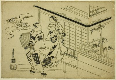 Skådespelarna Nakamura Takesaburo I som Kewaizaka no Shosho och Ichikawa Danjuro II som Soga no Goro i pjäsen "Bando Ichi Kotobuki Soga", uppfördes på Nakamura Theatre den första månaden, 1715 av Torii Kiyomasu I