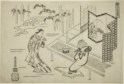 Skådespelarna Nakamura Takesaburo I som Kewaizaka no Shosho och Ichikawa Danjuro II som Soga no Goro klädda som en komuso i pjäsen "Bando Ichi Kotobuki Soga", som framfördes på Nakamura Theater under den första månaden av Torii Kiyomasu I