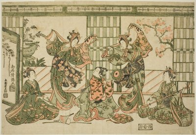 Underhållare som uppträder med käpphästdansen av Torii Kiyomitsu I