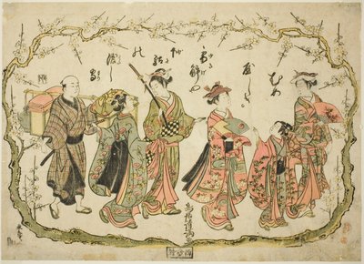 Party på väg för att titta på plommonblommor av Torii Kiyomitsu I