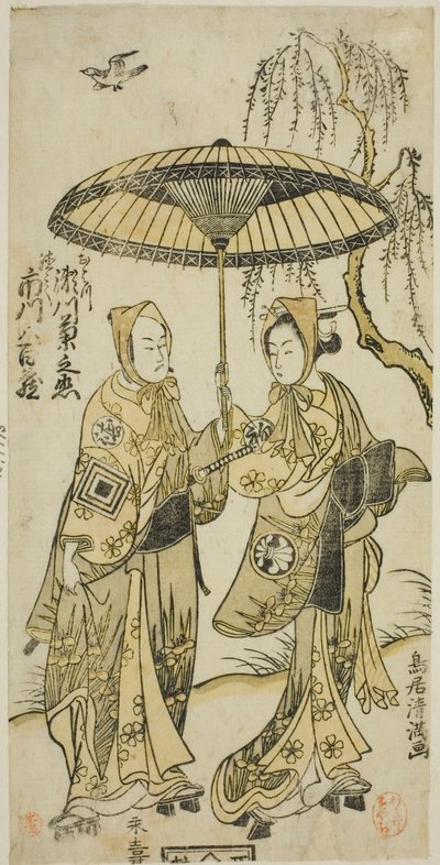 Skådespelarna Segawa Kikunojo II som Ohatsu och Ichikawa Yaozo II som hennes älskare Tokubei i pjäsen "Yoni Osaka Nitsui no Meoto", uppförd på Ichimura Theater under andra månaden 1767 av Torii Kiyomitsu I