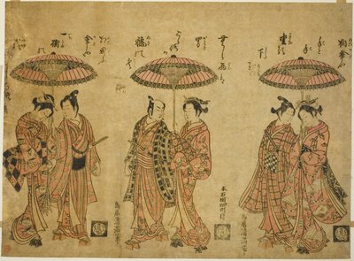 Tre par delar paraplyer av Torii Kiyomitsu I