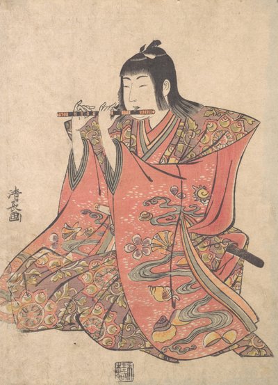En docka som föreställer en pojke som spelar flöjt, ca. 1780. av Torii Kiyonaga
