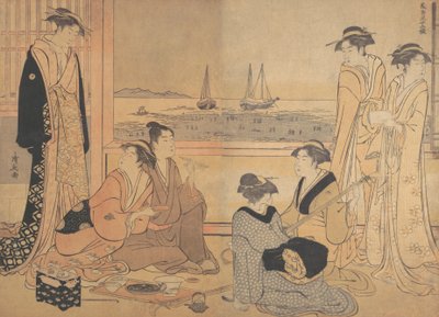 En fest av glada människor i ett tehus i Shinagawa, ca. 1783. av Torii Kiyonaga