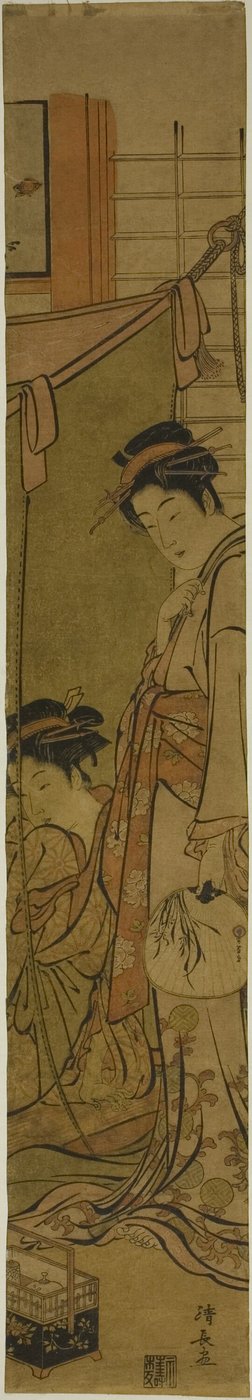 Kurtisaner som samtalar genom ett myggnät av Torii Kiyonaga