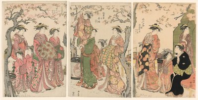Kurtisaner och deras barnskötare under blommande körsbärsträd av Torii Kiyonaga