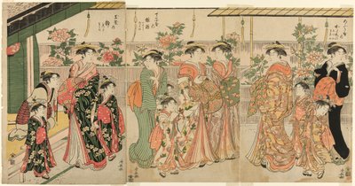 Kurtisaner från Yoshiwara och deras skötare tittar på pionerna på Nakanocho av Torii Kiyonaga