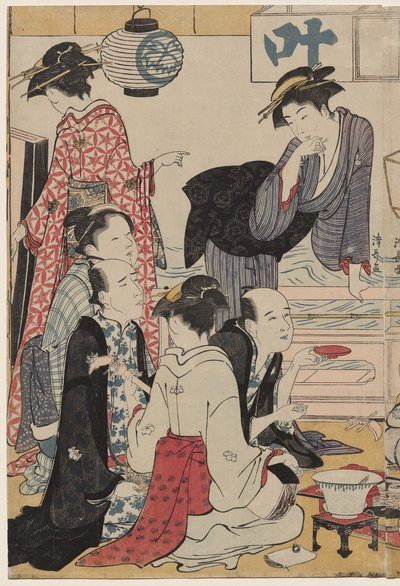 Underhållning på en balkong vid vattnet i Nakasu, från serien, A Collection of Beautiful Modern Women of the Pleasure Quarters av Torii Kiyonaga