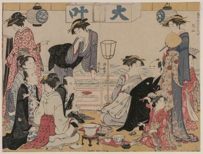 Underhållning på en balkong vid vattnet i Nakasu, från serien, A Collection of Beautiful Modern Women of the Pleasure Quarters av Torii Kiyonaga